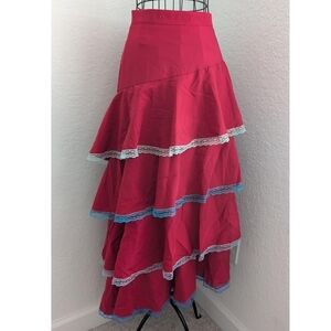Asymmetrical Red Tiered Ruffle Skirt with Blue & White Lace Trim